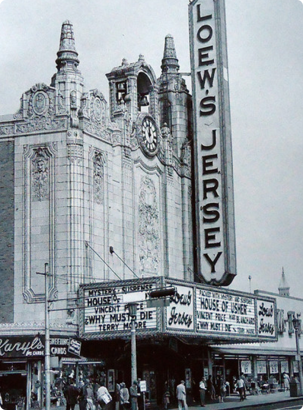 Loew's Jersey Theatre historic exterior, circa 1950s
